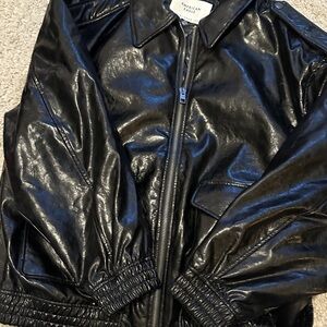 American Eagle Black Faux Leather Jacket with Label Detail